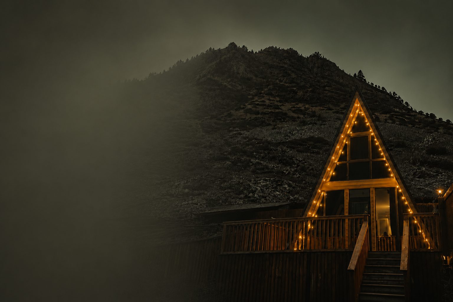A-frame дом в Приэльбрусье ночью с гирляндами